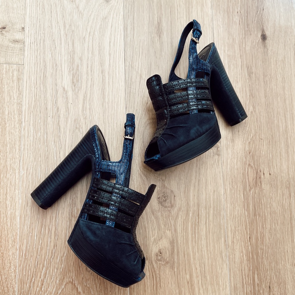 Tory Burch Cora Sandal Platform Lizard Print Navy Retro 6 Square Toe